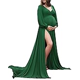 Dedysler Maternity Gowns Long Sleeves Baby Shower Dress for Photoshoot Wrap Split Sweetheart Maxi Photography