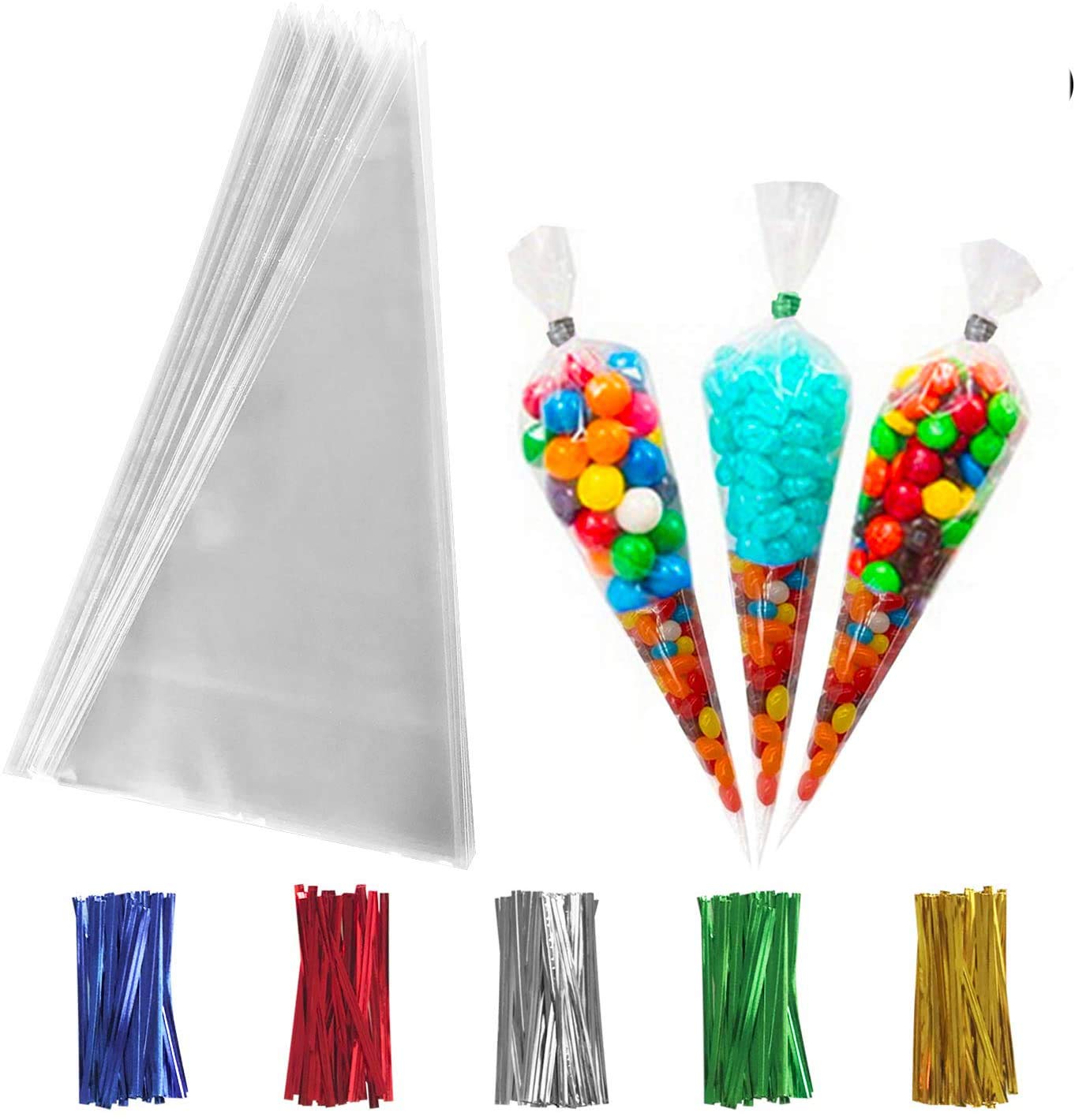 200 Pieces Clear Cello Bags with 200 Pieces Twist Ties 5 Mixed Colors Candy Popcorn Handmade Cookie Bags