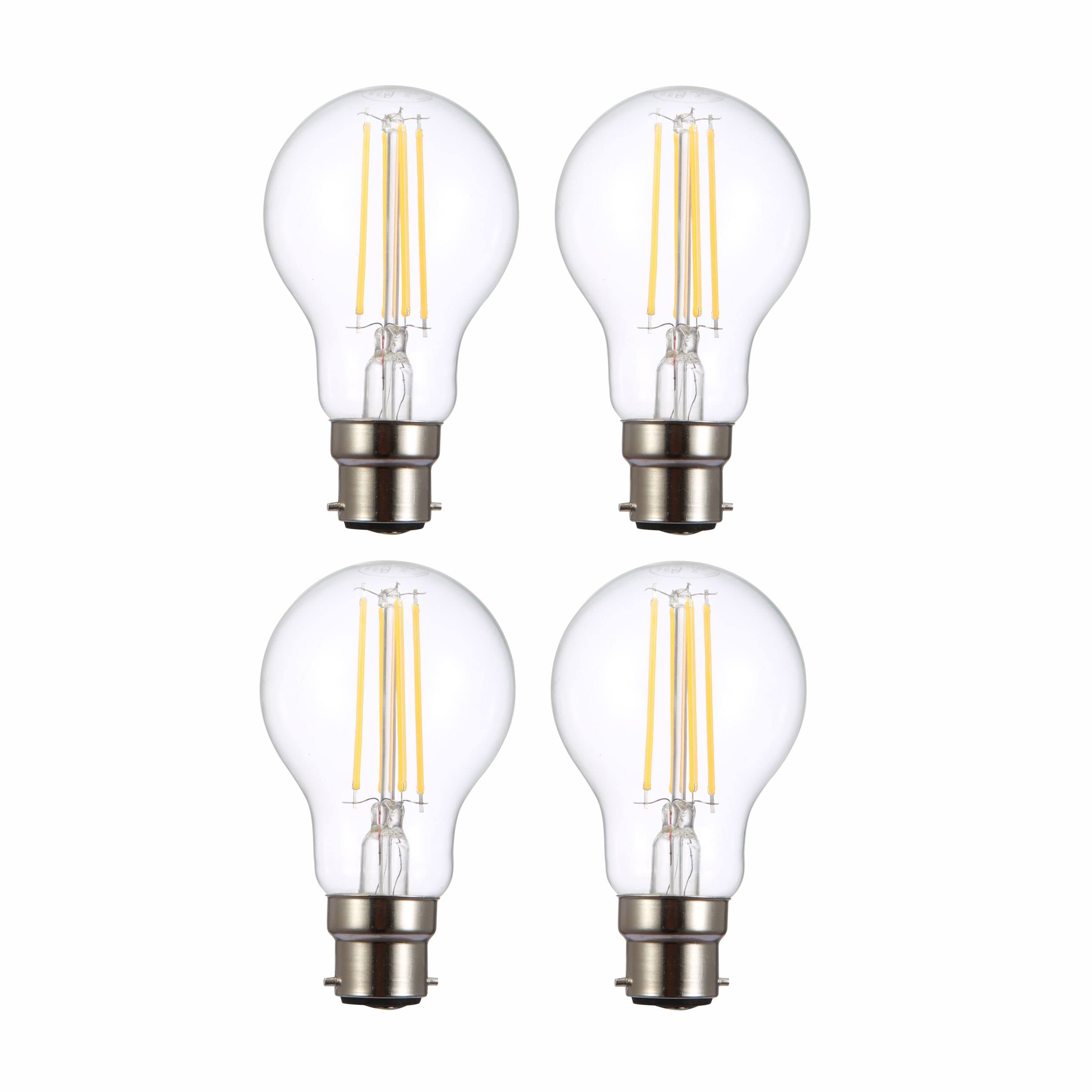 TEKLED® A60 Filament Vintage DIMMABLE LED Bulbs | B22 Bayonet Cap | Energy Saving 6.5W Light Bulb 60W Equivalent | Clear 2700K 806LM | 4-Pack | Warm White