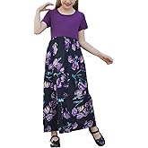 GORLYA Girl's Short Sleeve Patchwork Floral Print Loose Casual Long Maxi Dress with Pockets for 4-12 Years Kids