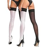 Rzkulek 2 Pairs Oily Shiny Thigh High Stockings Sheer Antiskid Pantyhose Shiny Stay Up Silk Stockings for Dating