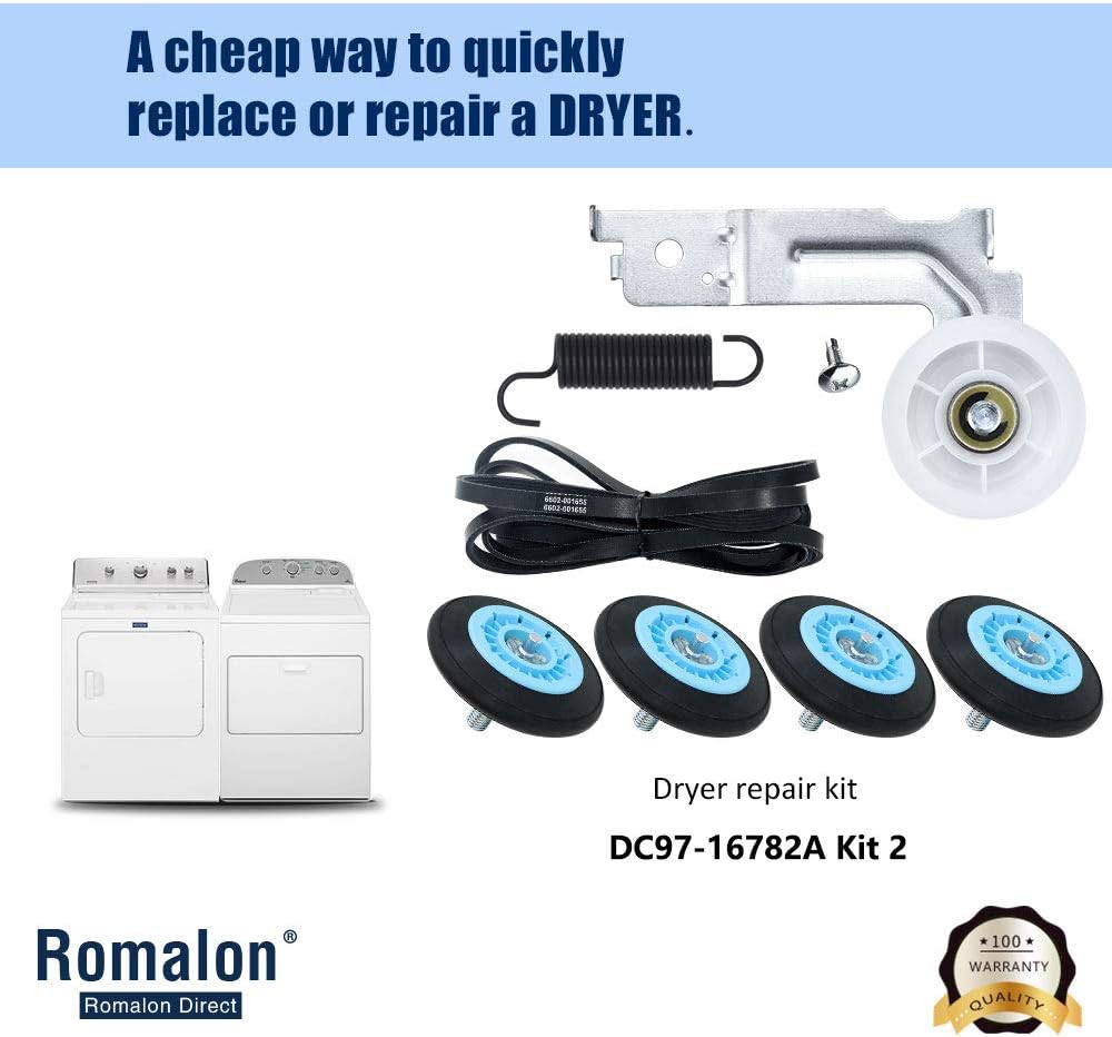 DC97-16782A Dryer Repair Kit for Samsung, Replacement Parts (Sam-DC97-16782A) Dryer Drum Roller, (DC93-00634A) Dryer Idler Pulley, (6602-001655) Dryer Drum Belt, (DC61-01215B) Tension Spring: Home Improvement