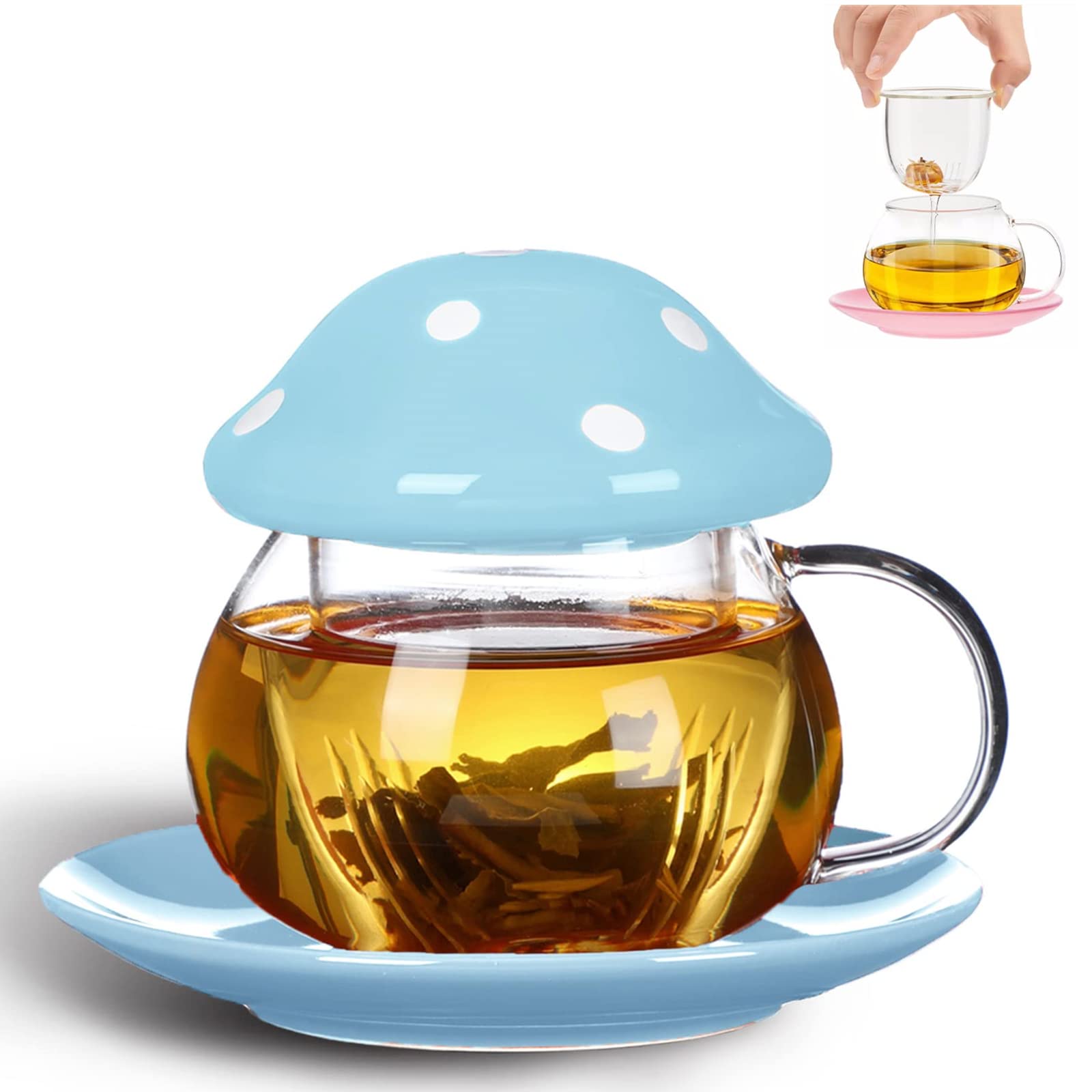 TUHNHGD Mushroom Mug, Tea Cup with Infuser, Glass Coffee Cups, with Coaster. Cup Lid. Tea Strainer, 290ml (Blue)