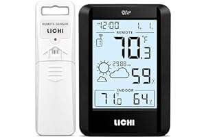 LICHI Indoor Outdoor Thermometer Wireless Weather Station Inside Outside Thermometers Hygrometer Monitor,with 330ft Range Remote Sensor, Battery Powered Backlight Display