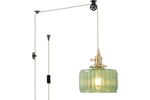 Shenmoyl Plug in Pendant Light Hanging Light Fixture Corded On/Off Switch Brass Pendant Light with Green Striped Glass Lampshade for Bedroom Living Room Kitchen Island