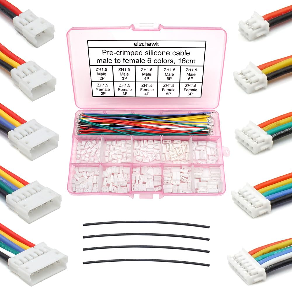 ZH 1.5mm Male Female Connectors and 28AWG Pre-Crimped Silicone Cable Kit, ZH1.5 2/3/4/5/6 Pin, JST Adapter with 160mm Cable