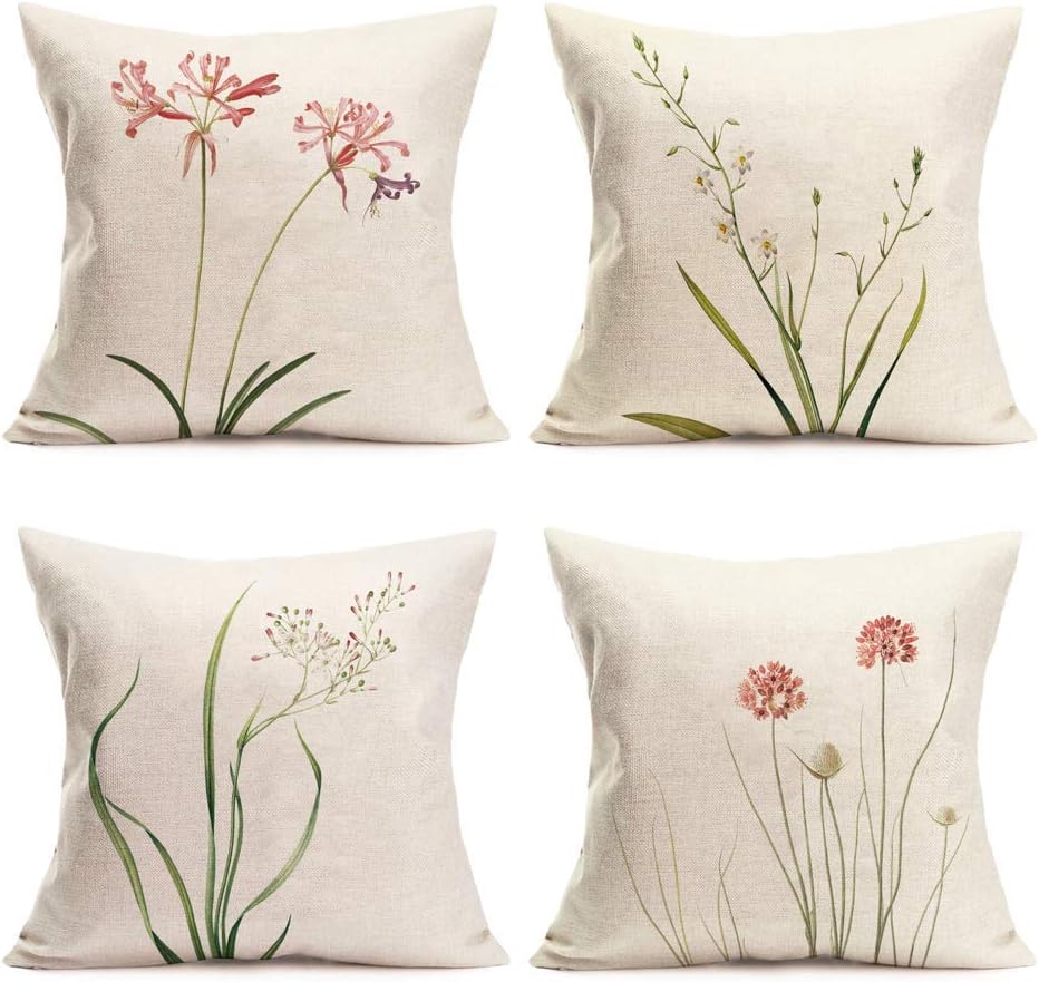 KROWMAET Spring Wildflowers Couch Pillow Cases Set of 4 Home Decorative Soft Bed Cotton Pillow Covers Summer Cushion Case Cover (Two Sided)