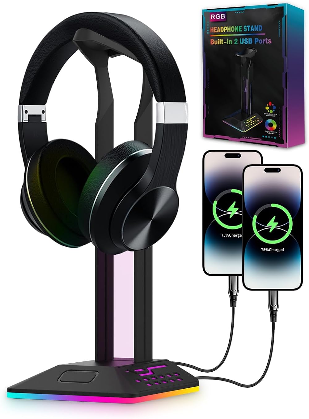 KALAHOL RGB Headphone Stand with 2 USB Type-C Ports LED Gaming Headset Holder