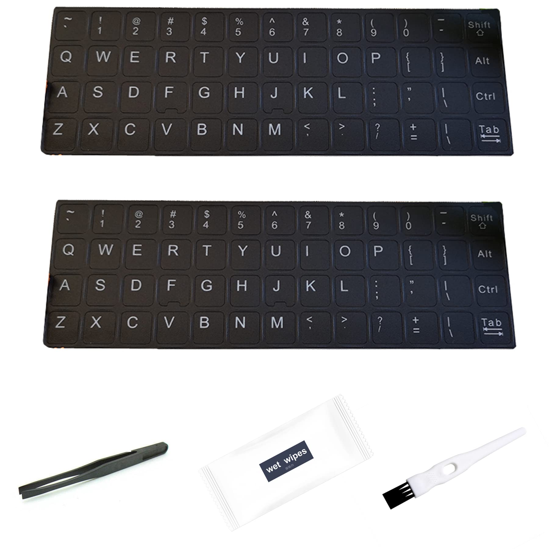 Se7enline English Keyboard Stickers, Matte Vinyl Keyboard Letters Replacement Stickers English(2pcs) White Letter/Black Background with Tweezer,Brush,Wet Wipe,for Computer Laptop Notebook Desktop