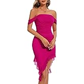 BeryLove Women's Summer Ruched Cocktail Party Dresses | Midi, Bodycon, Off The Shoulder, Ruffled, Club, Wedding, Formal WY001 Rose Red L
