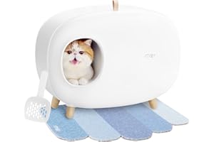 MS!MAKE SURE Cat Litter Box (with Litter Mat), Enclosed Design, Large Space Litter Box with Lid, Prevent Sand Leakage and Isolate Odors, Easy to Clean, with Cat Litter Scoop - White