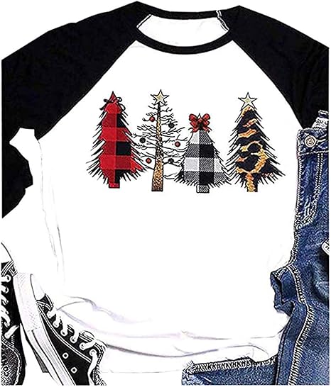 Merry Christmas T Shirt Womens Plaid Leopard Printed Tree Baseball