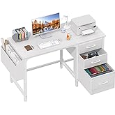 Lufeiya White Desk with File Drawers Cabinet, 47 Inch Reversible Computer Desk with Fabric Filing Cabinet for Bedroom Small Space Home Office, Modern Writing Table PC Desks, White