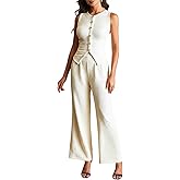 winkbay Women's 2 Piece Casual Summer Outfits Elegant Button Up Crew Neck Vest and Pants Work Set