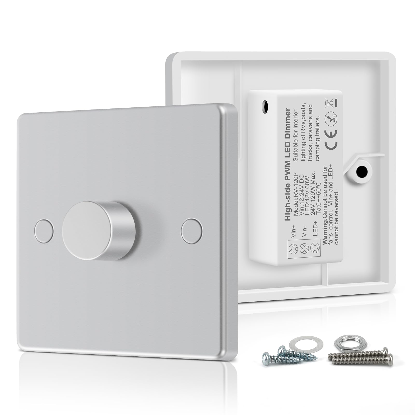 VIPMOON DC 12V 24V LED Dimmer Switch, PWM Push ON/Off Rotary Dimmer, Compatible with Single-Colour LED Strip Lights and Dimmable LED/Halogen/Ceiling Lights for Caravan, Camping, Marine Use, Silver