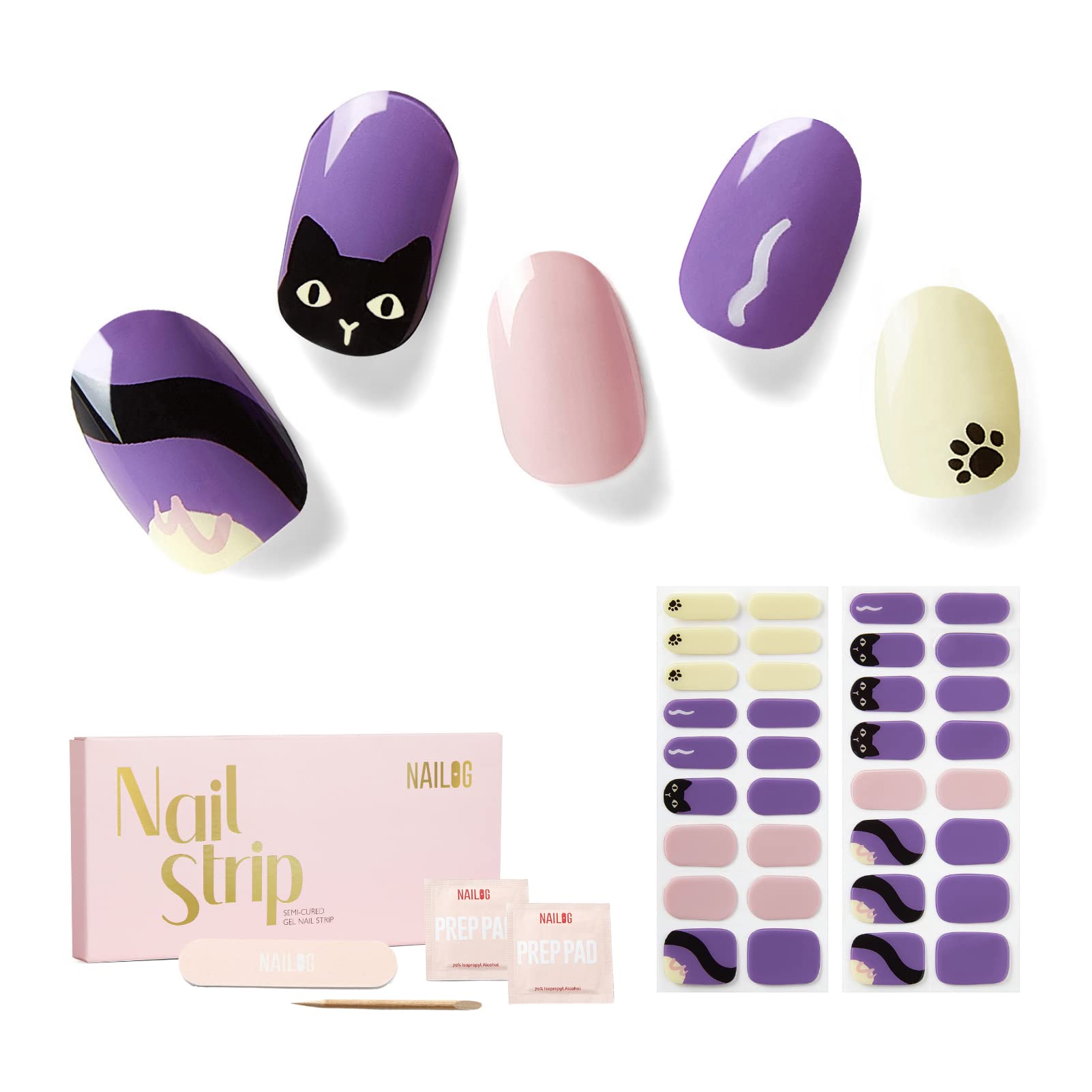 NAILOG Semi Cured Gel Nail Strips, 34 pcs Salon-Quality Gel Nail Stickers, Long Lasting Nail Wraps for Women with Soft Gel Finish, Animal Print, Black Cat — image 1
