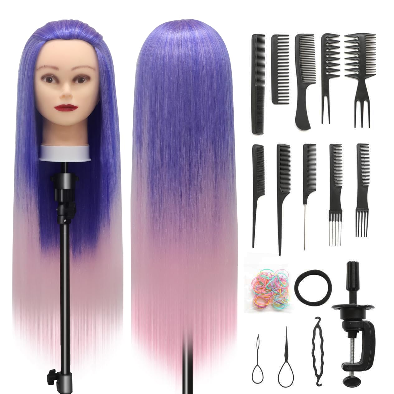Styling Head 28 inch Hairdresser Training Head 100% Synthetic Fiber Hair Styling Head, Training Head Hairdressing Head with Free Clamp and DIY Braiding Set (Blue Pink)
