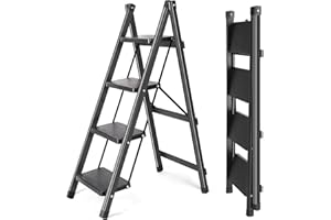 AESRAOU 4 Step Ladder with Anti-Slip Pedal - Folding Step Stool with Tool Tray 300 LBS Portable Steel Ladder for Adults for Home Kitchen Library Office (4 Step)