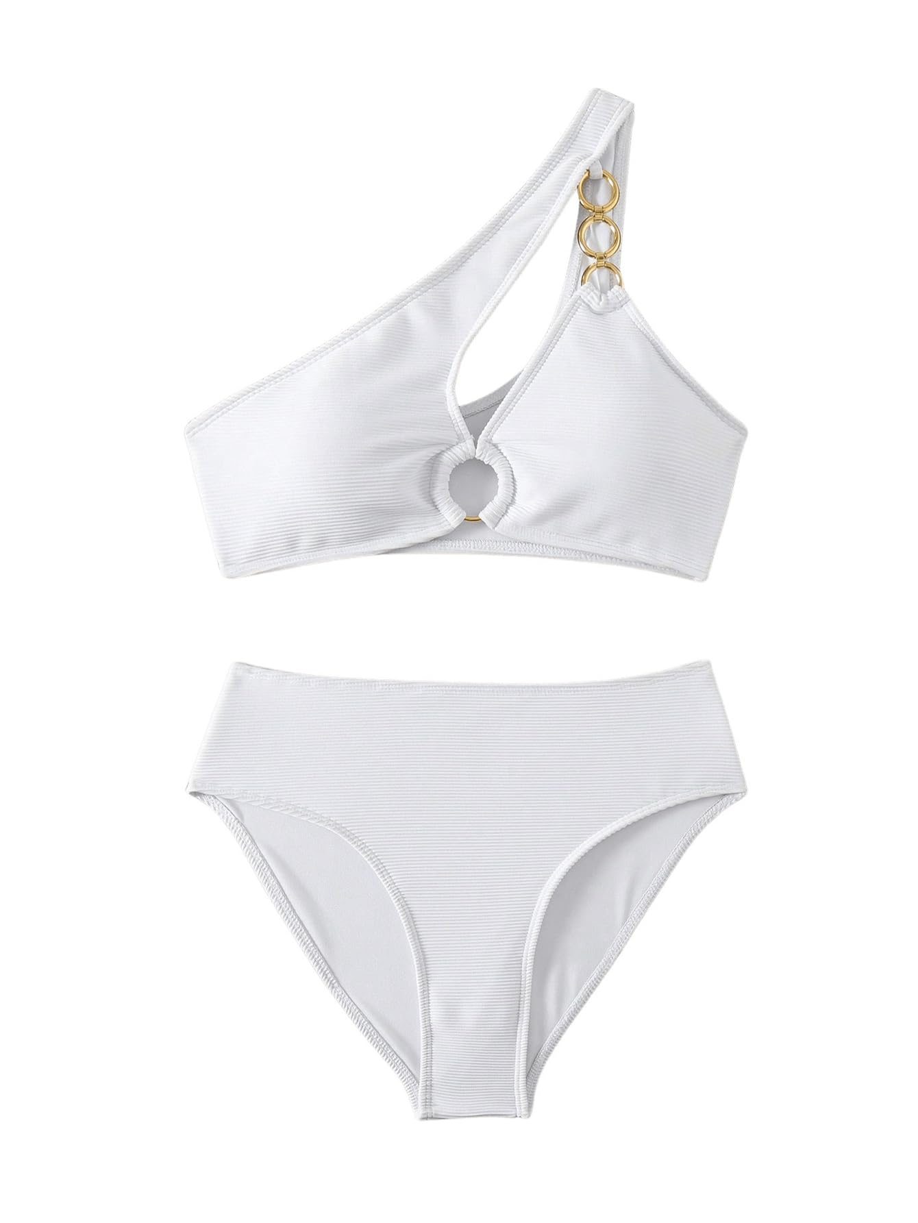 Photo 1 of MakeMeChic Women's 2 Piece High Waisted Bikini Set Cut Out One Shoulder Ring Bathing Suit Swimsuit White Small