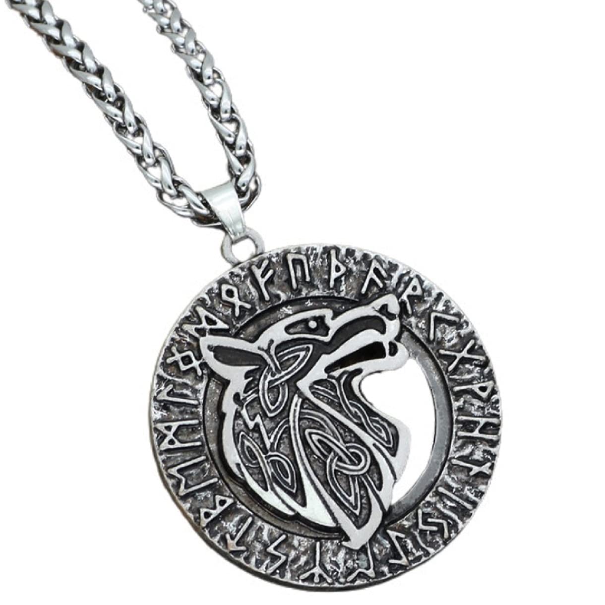 MayiaHey Norse Viking Wolf Head Necklace for Men, Celtic Wolf Animal Necklace Vintage Wolf Head Runes Circle Pendant Necklace for Boys (Silver)