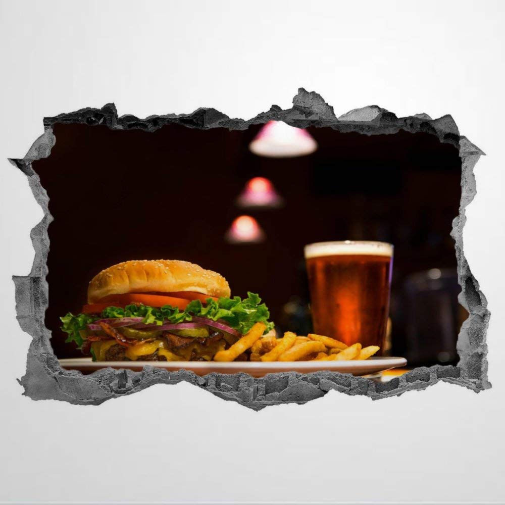 Burger Kitchen Beer Food Catering 3D Wall Mural Smashed Wall Creative Removable Poster Wall at Vinyl Decals for Bedroom Living Room Playroom Nursery Office Shop