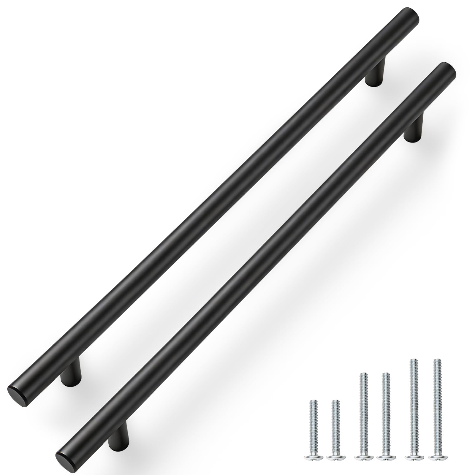 PinLin Black Kitchen Cupboard Handles 224mm Hole Centre Round Cabinet Pulls 5 Pack Stainless Steel T Bar Drawer Handle (Screws Included)