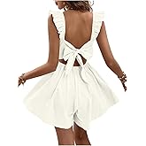 SweatyRocks Women's Bow Tie Back Ruffle Sleeveless Wide Leg Rompers Summer Vacation Short Jumpsuit