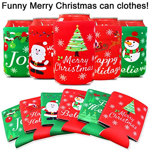 Tifeson Christmas Beer Can Coolers Sleeves - 12 Pack Xmas Holiday Can Insulated Covers for Christmas Party Decorations Supplies - Neoprene Coolers for 12-Ounce Canned Beverages, Bottle, Drink