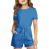 Haloumoning Girls Romper Short Sleeve Drawstring Summer Outfits Kids Casual Short Jumpsuit with Pockets 5-14 Years