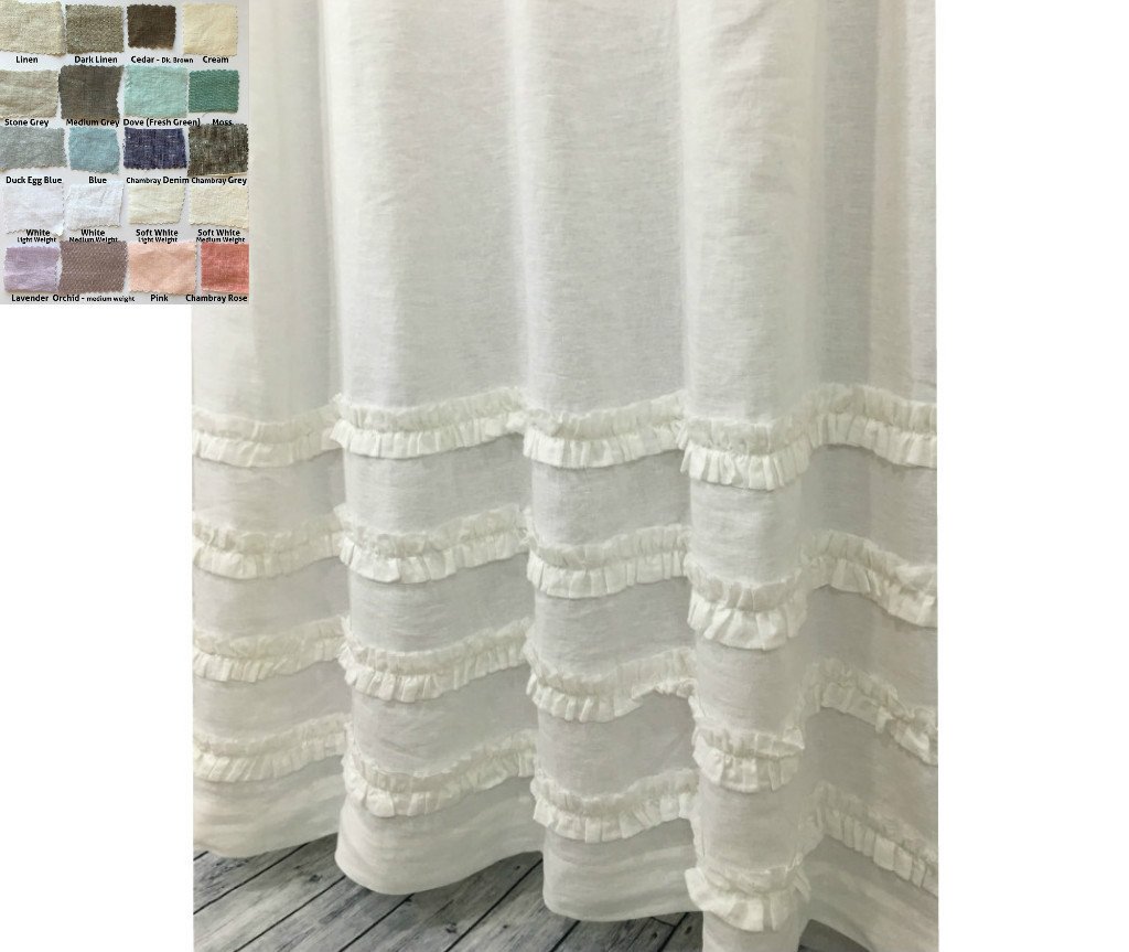 Amazon Com Linen Shower Curtain With 4 Rows Of White Ruffles 100