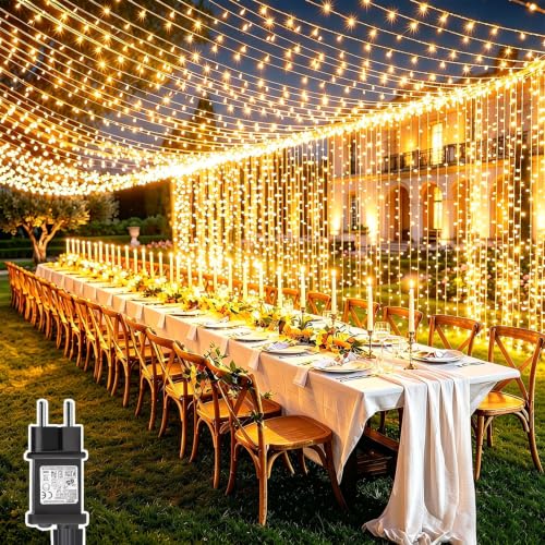 Dekofun 6 m x 3 m 600 LED Curtain Lights with Socket, Timer, 8 Modes, IP65 Waterproof Waterfall Lights for Outdoor Indoor Home Balcony Garden Wedding Terrace – Warm White