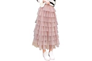 ebossy Women's Sweet Elastic Waist Tulle Layered Ruffles Mesh Long Tiered Skirt