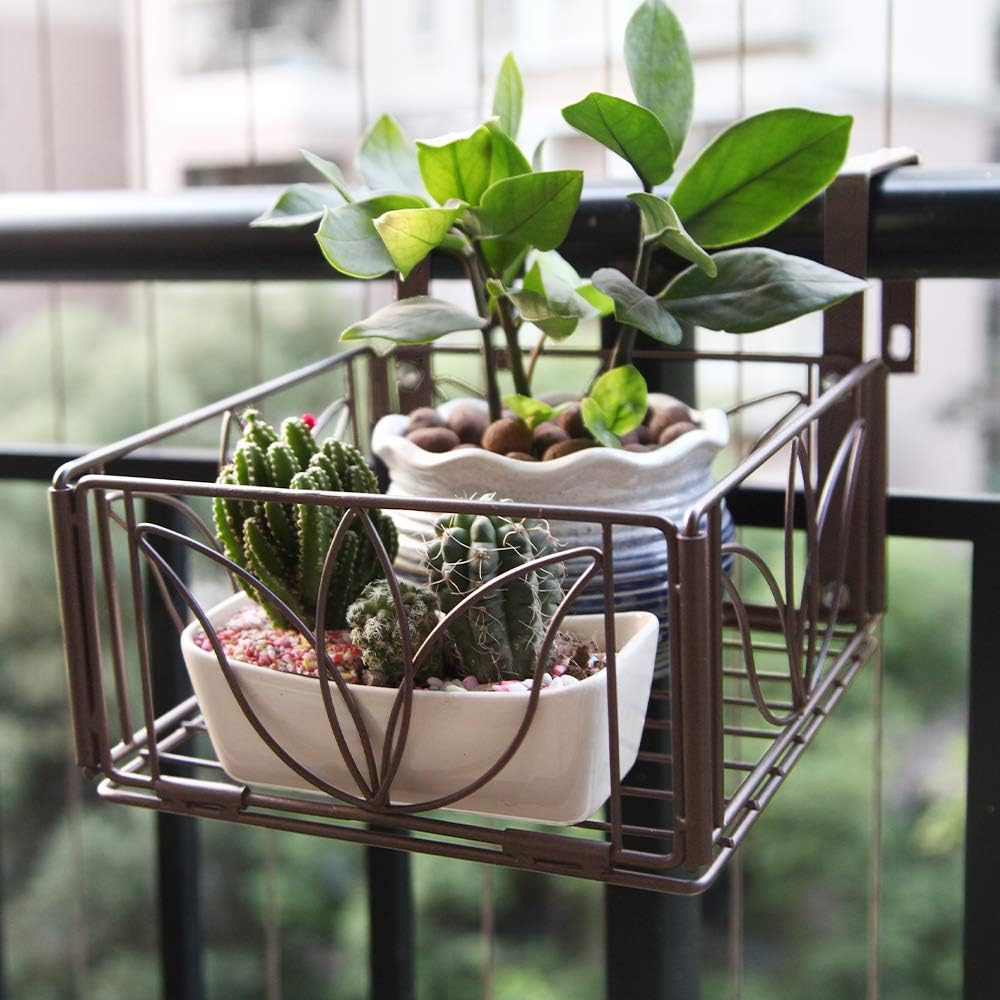 AmnoAmno 2PCS Balcony Hanging Flower Rack Stand Rail Planters Baskets Pots for Outside, Deck Railing Planters Boxes Outdoor Hanger Stand with Strong Metal Folding Design and Easy installation (Bronze) : Garden & Outdoor