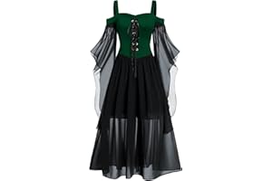 FRMUIC Renaissance Gothic Dress for Women Plus Size Halloween Costume Off Shoulder Lace Sleeve Medieval Steampunk Dress
