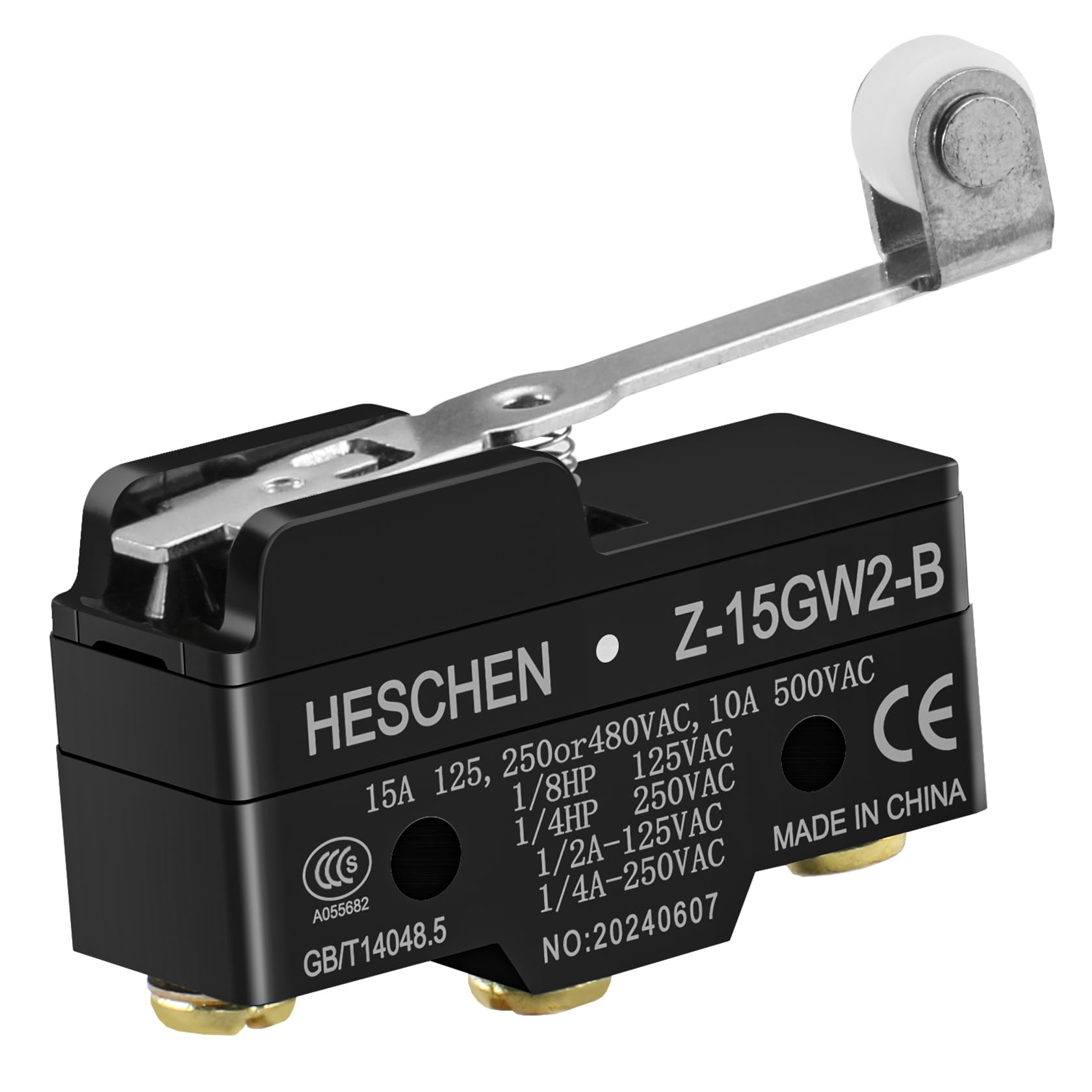 Heschen Micro Switch, Z-15GW2-B, Hinge Roller Lever, 3 Screw Terminal, 0.5mm Contact Gap, 15A Rated Current