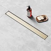 LISEEGO Linear Shower Drain 18 Inch Gold, Shower Drain with 2-in-1 Tile Insert Panel, Brushed AISI 304 Stainless Steel Linear Drain for Fast Drainage, Floor Drain for Bathroom, Kitchen, Garage & More