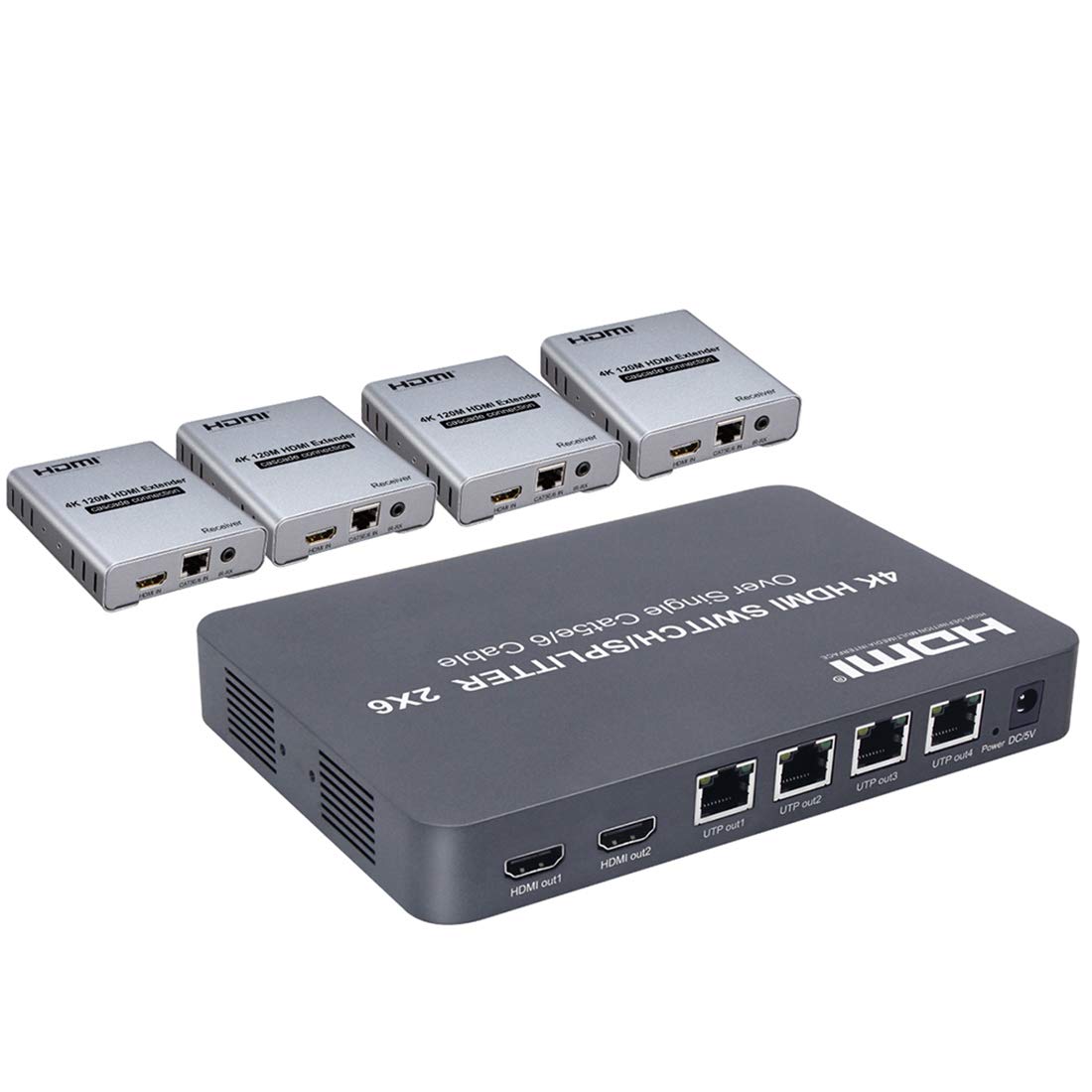 HDMI Extender - 2X6 HDMI Switcher/Splitter Extender Optical SPDIF + 3.5mm jack Audio Extractor 4K@30HZ 1080P 120M By Ethernet RJ45 CAT5e CAT6
