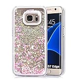 Galaxy S7 Edge Case, VEGO Transparent Plastic Glitter Quicksand Floating Bling Sparkle Love Flowing Liquid Hard Case Cover for Samsung Galaxy S7 Edge (2016) - Pink