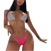 Women&rsquo;s 2 Piece Sparkly Rhinestone Bikini Set Sexy Halter Thong High Cut Bathing Suit Crystal Tie Back Swimsuit