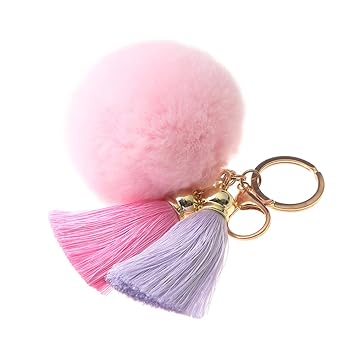 Rosa Lila Fellanhänger Bommel mit Seiden Quaste | Schlüsselanhänger Taschenanhänger Troddel | Pompon aus Fell | Pelzbommel An