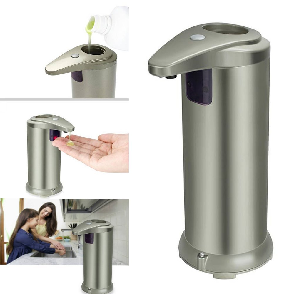 Fun Sponsor Automatic Soap Dispenser, 250ML Stainless Steel Touchless Liquid Sensor Soap Dispenser Soap Holder Hand Free with Waterproof Base for Kitchen Bathroom Champagne