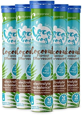 Rehydration Effervescent - Coconut Flavour for Travel and Sport, Inc. Electrolytes, B Vitamins & Magnesium (5 Tubes of 20 Tablets)