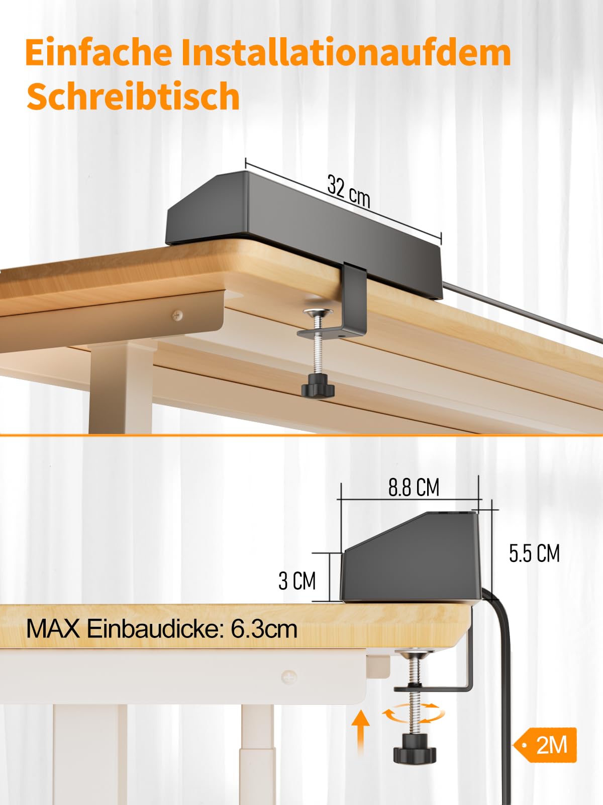 Tischsteckdose Steckdosenleiste mit 2 USB C (PD 30W), PASSUS 5 Fach Mehrfachsteckdose Schreibtisch mit Überspannungsschutz & Einzeln Schaltbar, 10-in-1 Ecksteckdose mit 2M Kabel für Büro, Schwarz 7