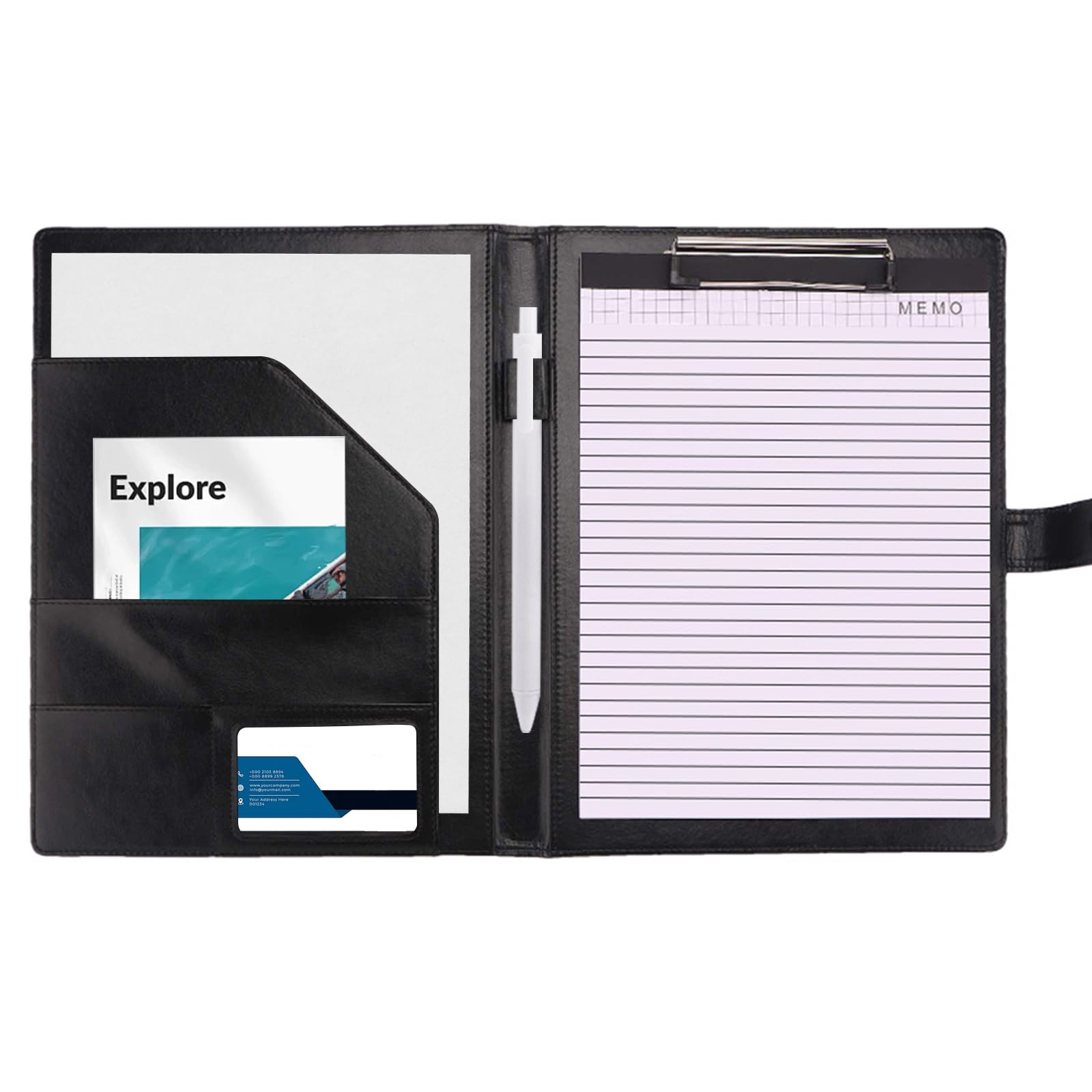 Clipboard Folder DIN A4 Conference Folder, Leather Document Clip Board Work Writing Foldover Clipboard with Cover, Portfolio Folder with A4 Paper &Sticky Arrow Tabs &Pen, Black