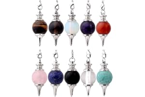 Jovivi 10pcs Beautiful Crystal Pendulums Dowsing Chakra Pendant With Chain,Natural Amethyst Rose Quartz Tiger Eye Obsidian Lapis Lazuli Turquoise Gemstone Reiki Pendant Pendulum