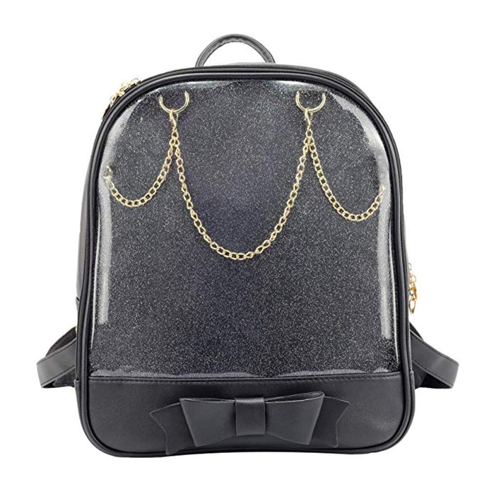 KEEPOP Ita Bag Backpack Girls Cute Candy Leather Bag Purse School Bag Summer Beach Bag Purse with Bowknot Transparent Windows for DIY Decors (Black-Black-Bow)