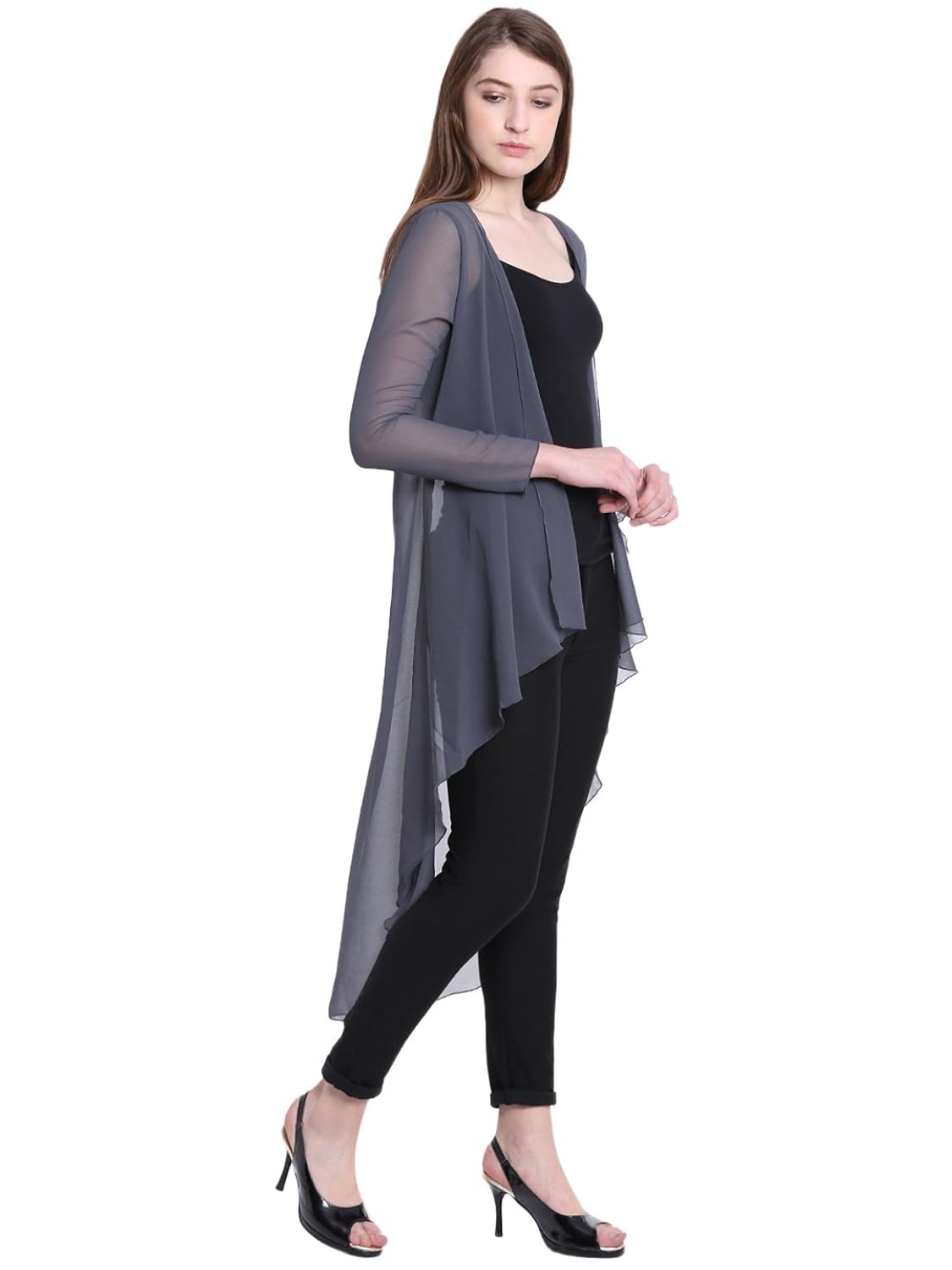 gj couture women's georgette grey solid full sleeves regular shrug