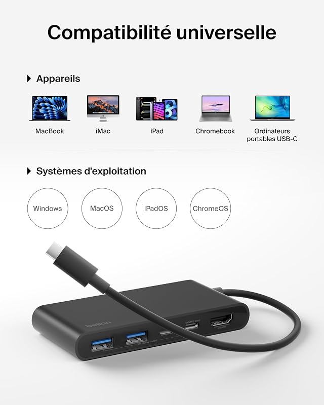 Hub USB-C Ports avec HDMI 4K à 60 Hz, Power Delivery 100 W, Transfert de Données 5 Gbit/s, pour MacBook, iPad Pro, Chromebook, Etc., HDMI 2.0 - Noir