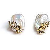 Mystvale Women's 18K Gold Plated Baroque Pearls Stud Earrings | Freshwater pearls /mother-of-pearl, sterling silver posts, hypoallergenic lightweight for daily wear, ideal occasion gift