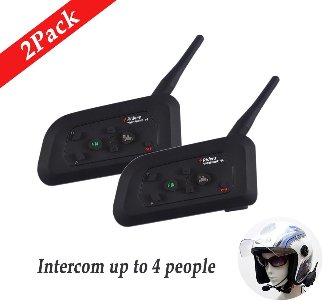 2รV4 1200M Motorcycle Helmet Bluetooth Intercom, Support FM Function,4 Riders Real Time Full Duplex Communication,Hands Free Calling